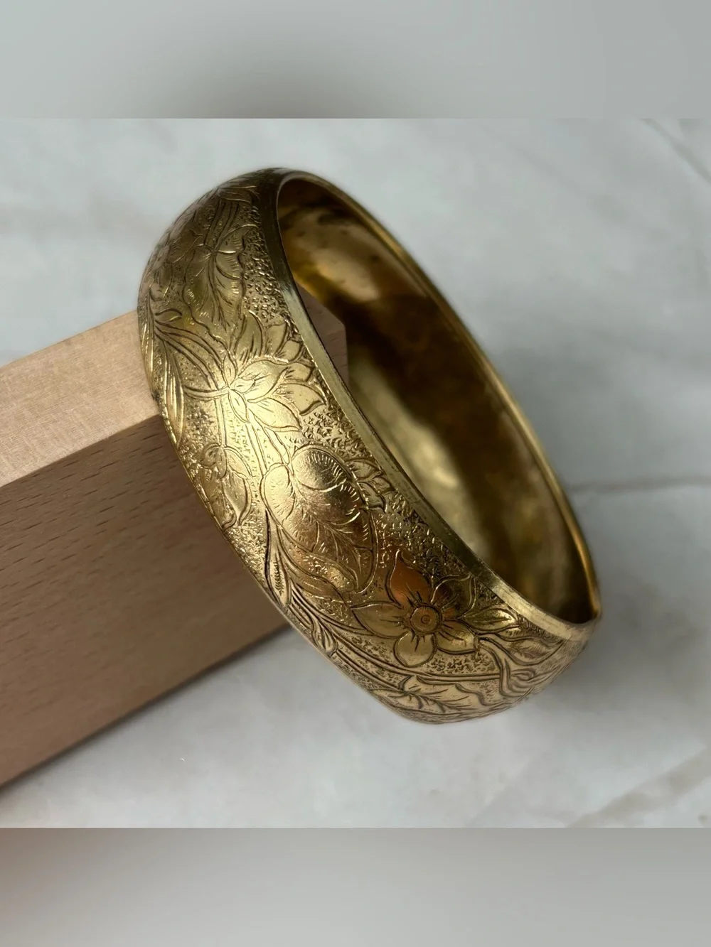 Vintage Engraved Floral Gold-Tone Bangle Bracelet